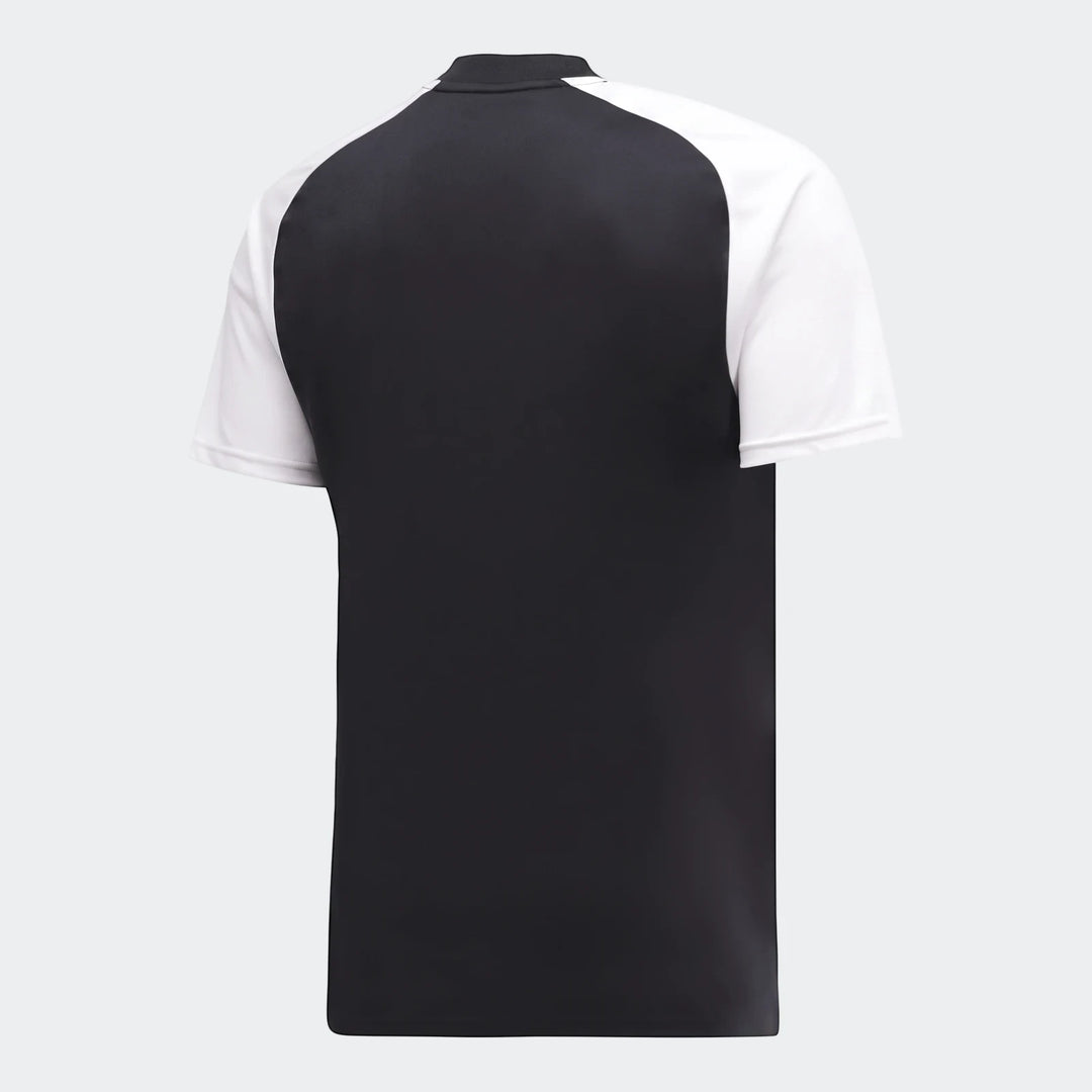 Back view of the Orlando Pirates 26 Pre Match Trefoil Jersey, featuring a black body and white short raglan sleeves.
