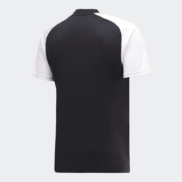 Back view of the Orlando Pirates 26 Pre Match Trefoil Jersey, featuring a black body and white short raglan sleeves.