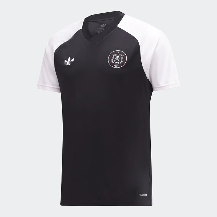 Orlando Pirates 26 Pre Match Trefoil Jersey for men, black with white raglan sleeves, featuring team crest and Adidas logo.