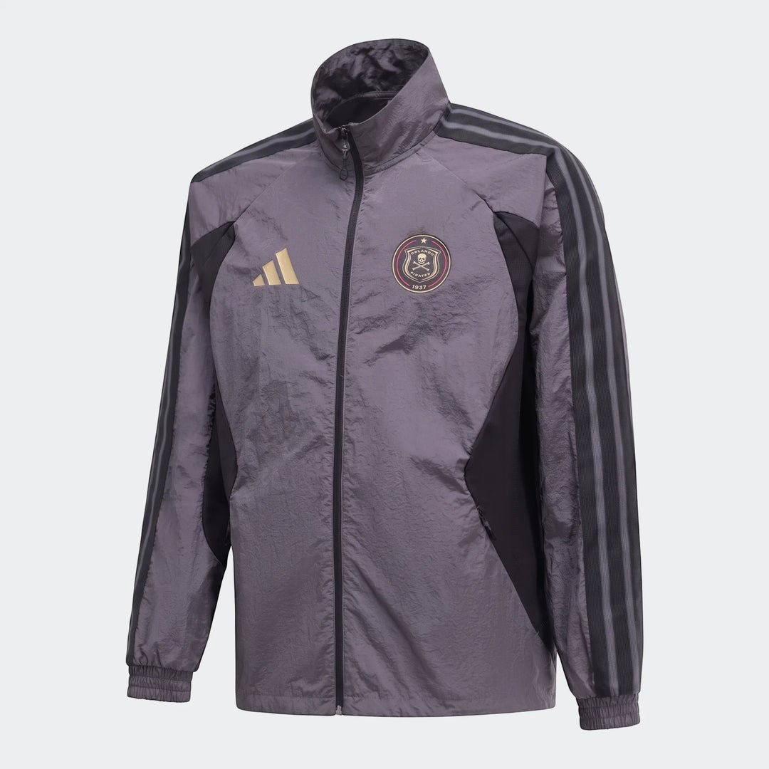 Orlando Pirates Home Anthem Jacket in grey and black with gold Adidas logo and team crest, full-zip front.