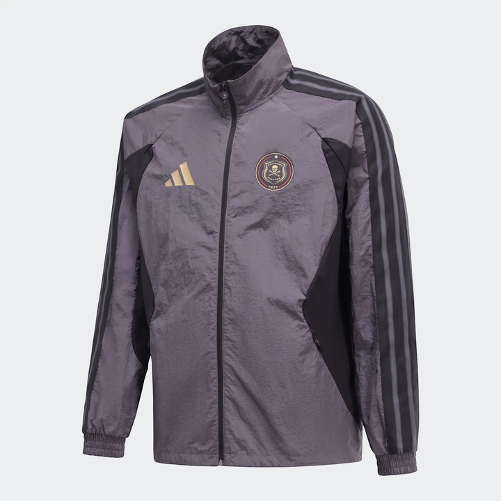 Orlando Pirates Home Anthem Jacket in grey and black with gold Adidas logo and team crest, full-zip front.