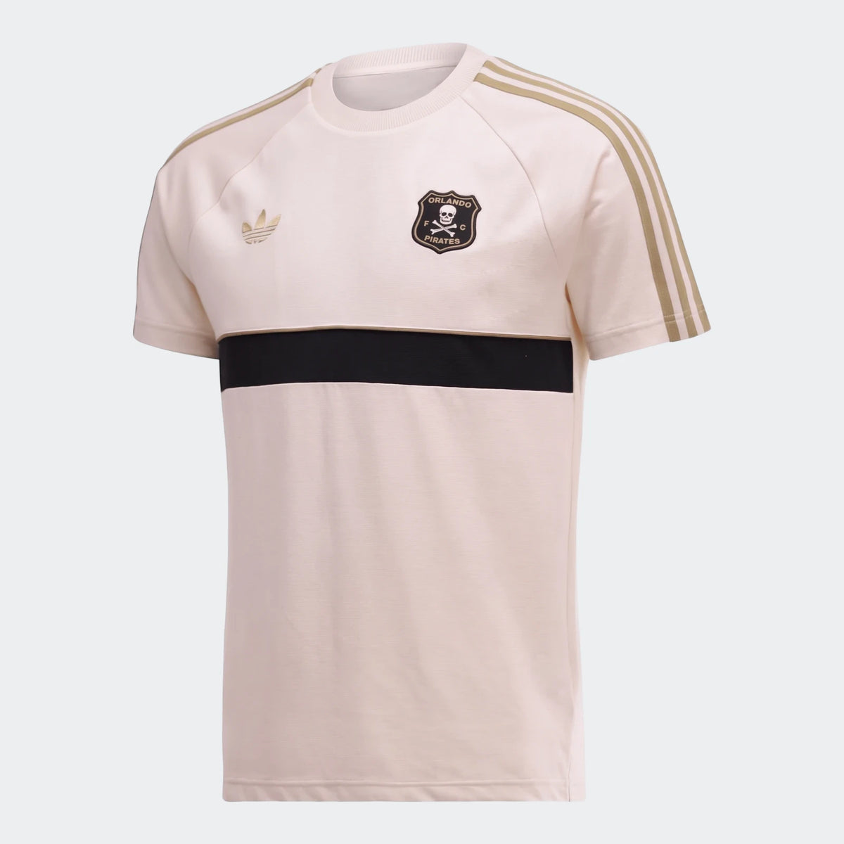 Cream Orlando Pirates Originals t-shirt featuring a black horizontal stripe and gold Adidas logos, displayed upright.