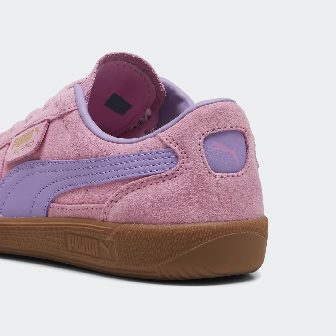 Palermo Ps Orange Sneakers in a back-right view, featuring pink suede and purple leather details with a gum sole.