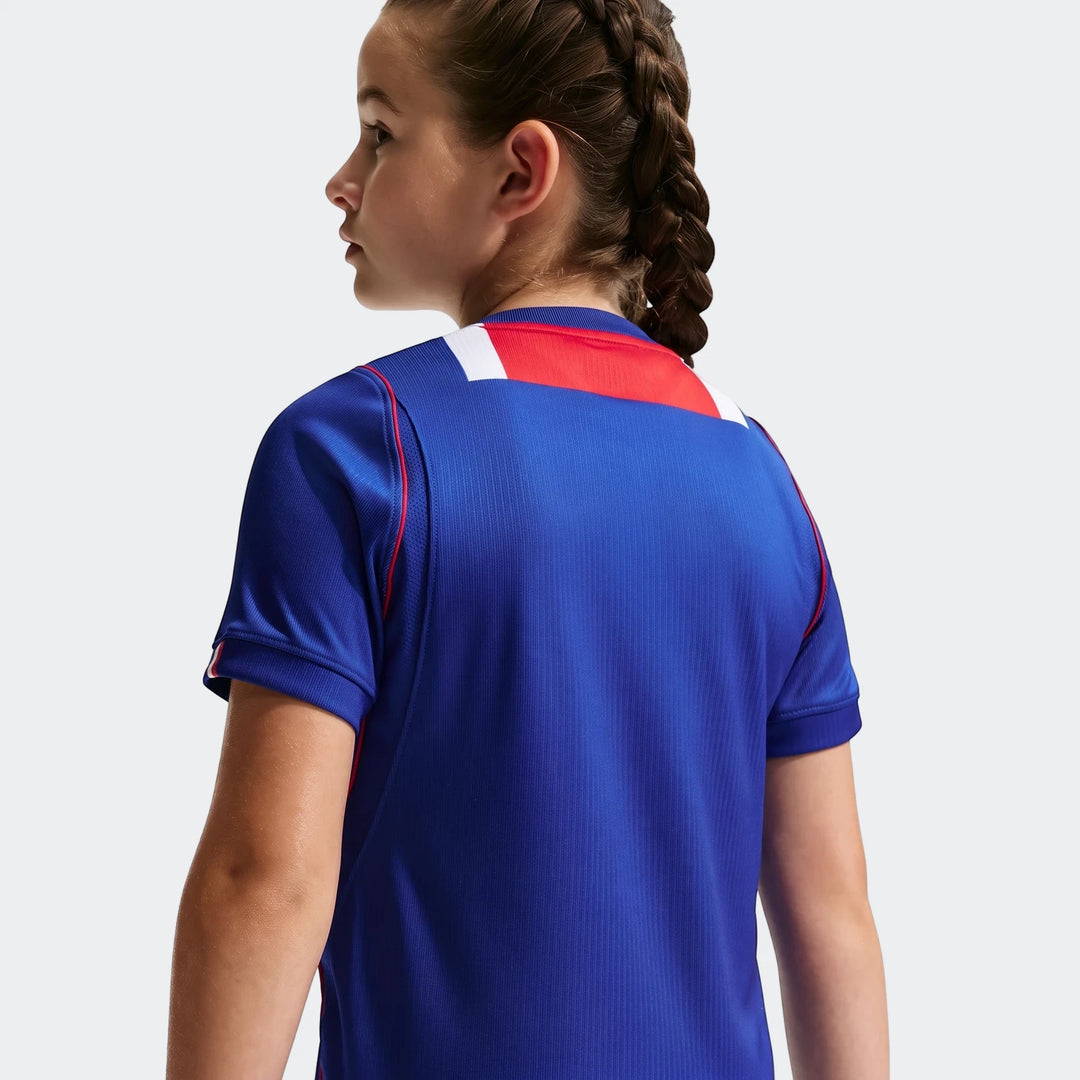 Paris Saint-Germain 2026/27 Stadium Home Big Kids' Nike Dri-Fit Soccer Replica Jersey, blue, red, and white, back view on a