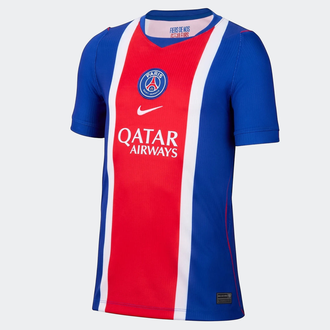 Paris Saint-Germain 2026/27 Stadium Home Big Kids' Nike Dri-Fit Soccer Replica Jersey in blue, red, and white, displayed