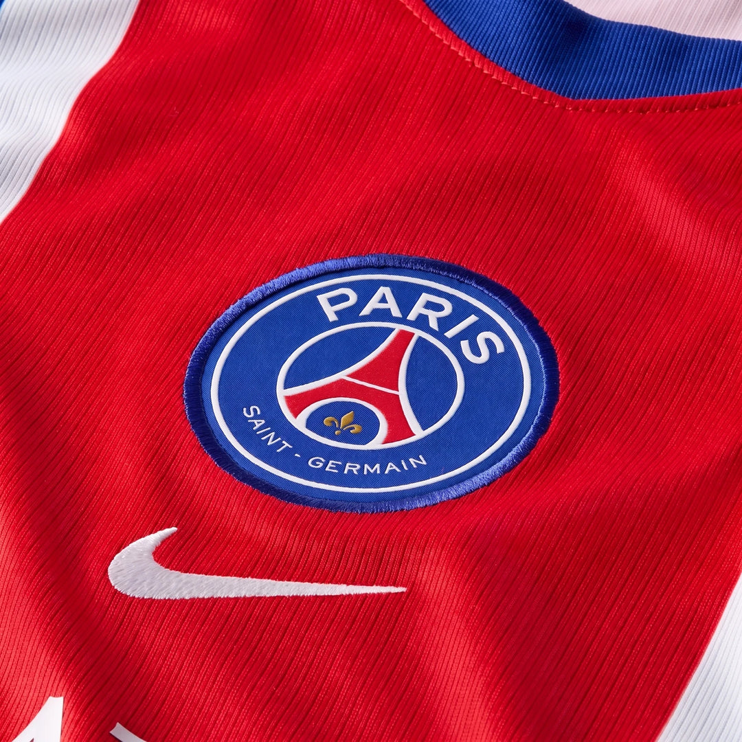 Close-up of a red Paris Saint-Germain 2026/27 Stadium Home Men's Nike Dri-Fit Soccer Replica Jersey, featuring the club's