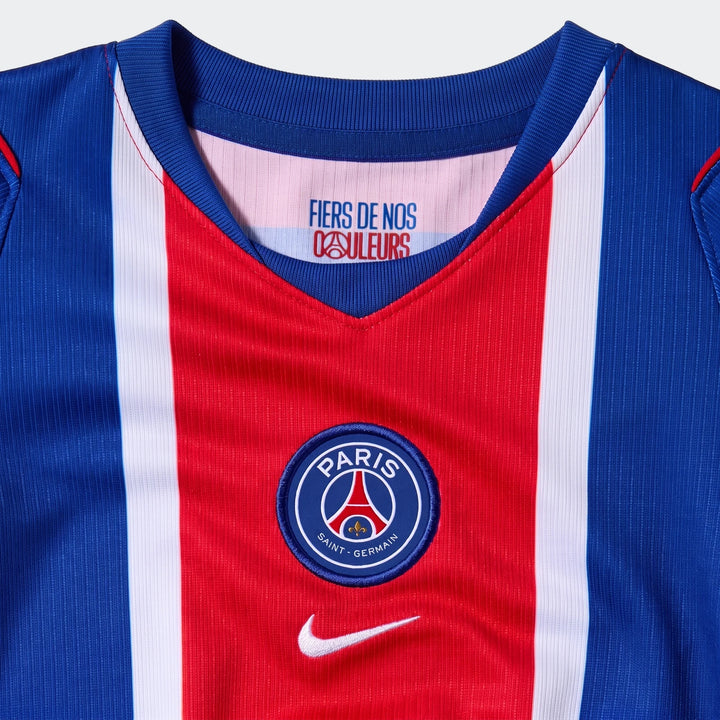 Close-up of a Paris Saint-Germain 2026 Stadium Home Little Kids' Nike Soccer Replica Jersey, featuring blue, red, and white