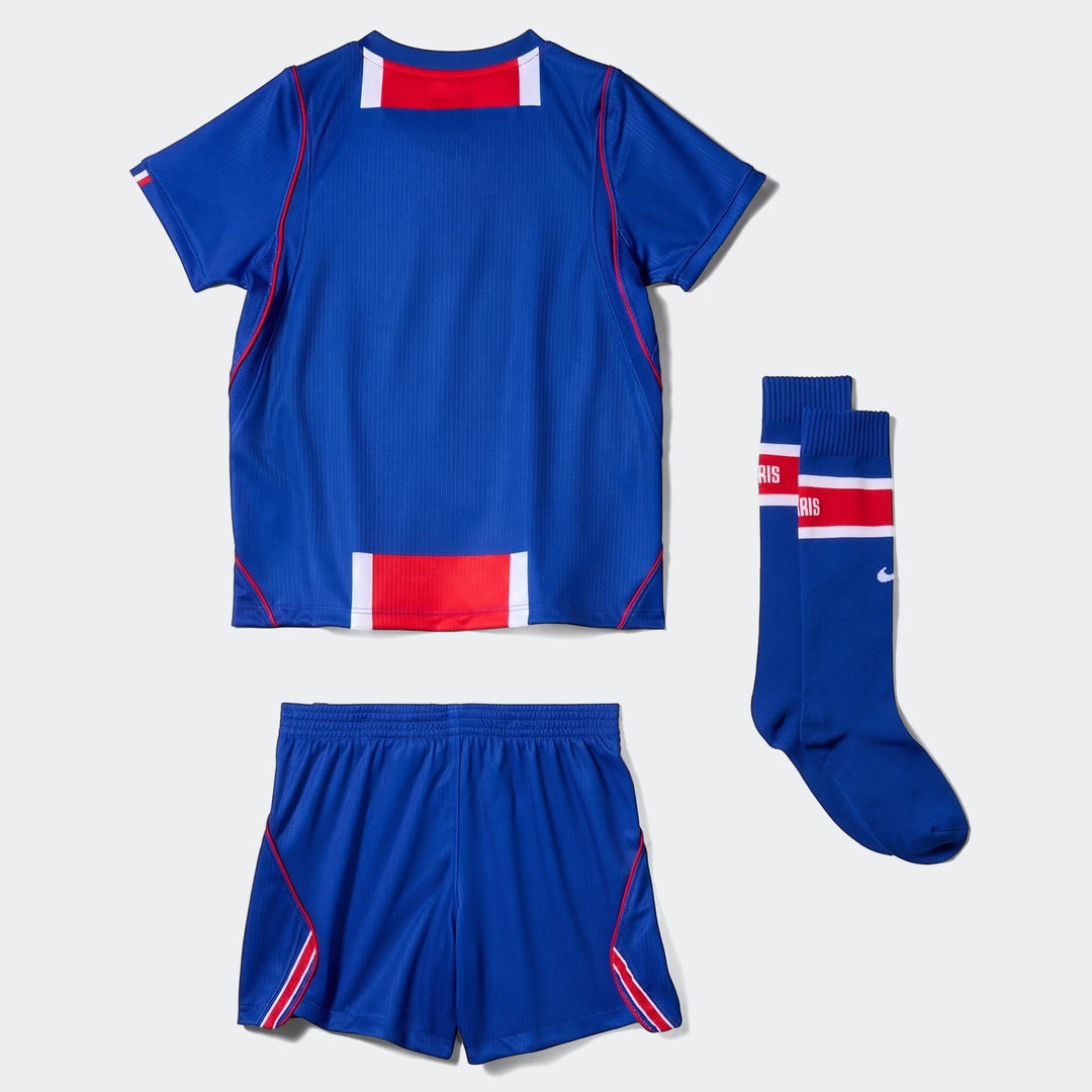 Blue Paris Saint-Germain 2026 Stadium Home Little Kids' Nike Soccer Replica 3-Piece Kit with jersey, shorts, and socks.