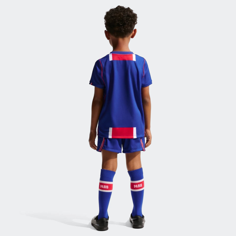 Paris Saint-Germain 2026 Stadium Home Little Kids' Nike Soccer Replica 3-Piece Kit shown from the back, featuring a blue