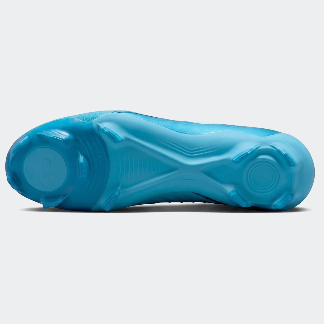 Bottom view of a blue Phantom Gx 11 Club Fg/Mg football boot, highlighting the molded sole and stud pattern.