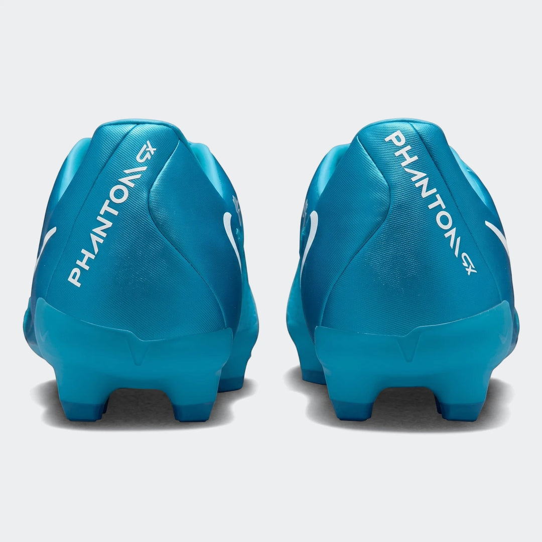 Pair of blue Phantom Gx 11 Club Fg/Mg soccer cleats, shown from the rear with white logos.