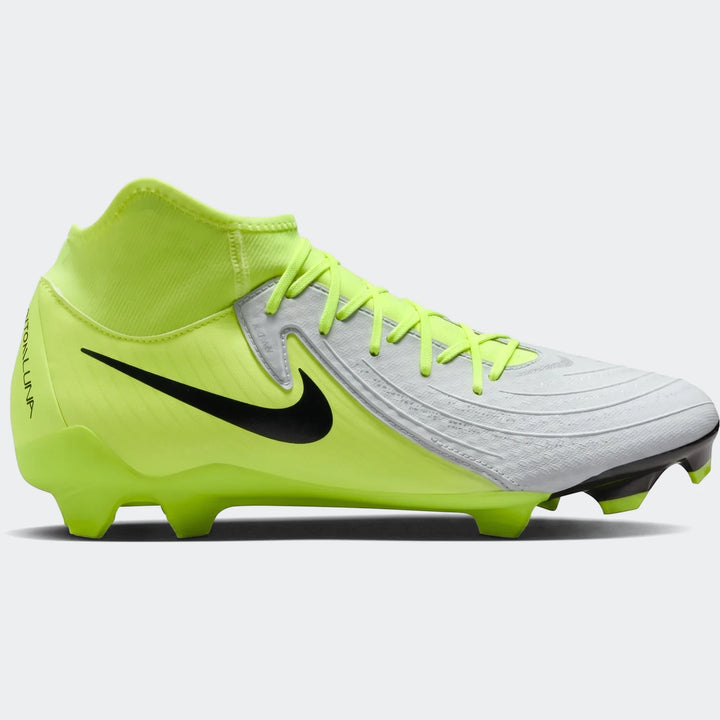 Nike Phantom Luna 11 Academy Fg/Mg football boots in vibrant neon green, white, and black, with a high-top collar and