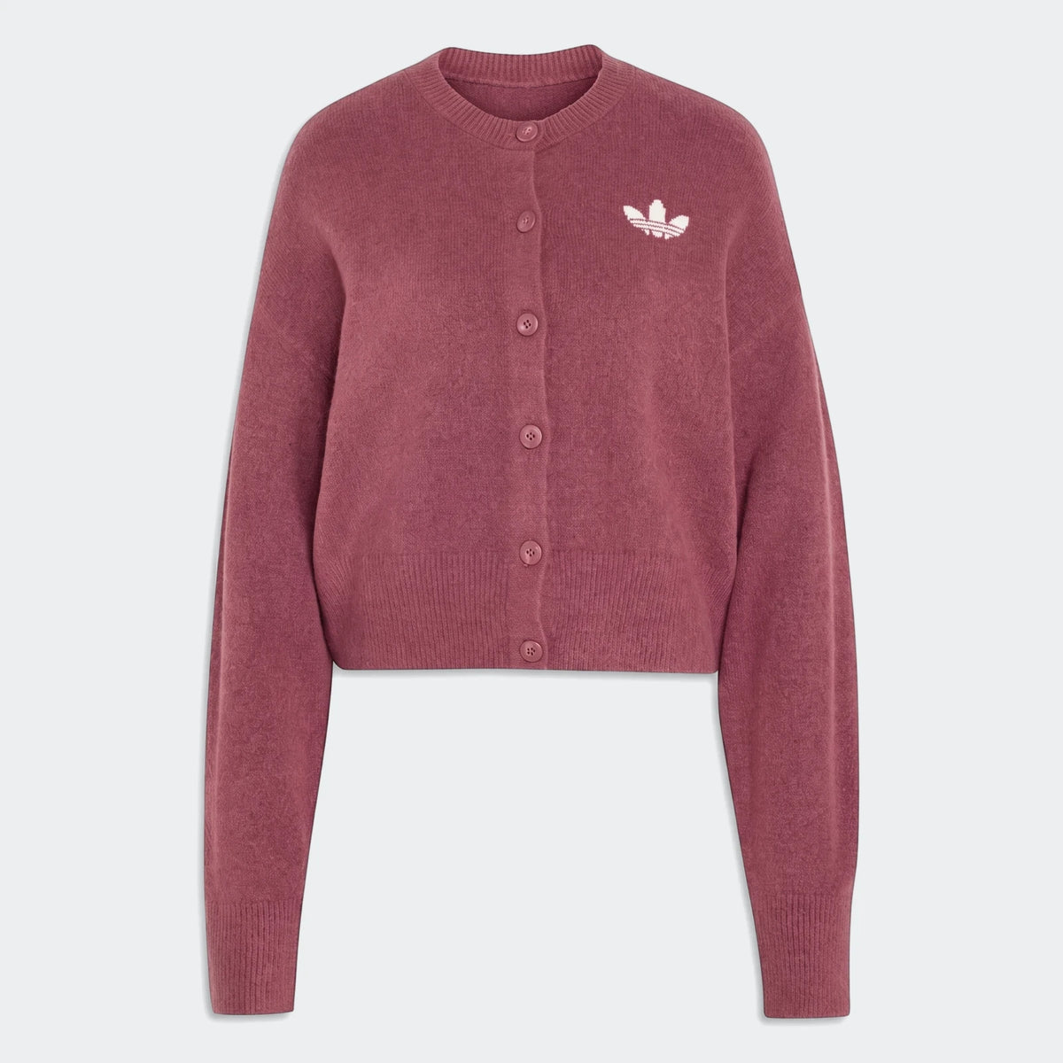 Pink Adidas Essentials Knit Cardigan for women, featuring a button-front closure and the iconic Trefoil logo on the chest.