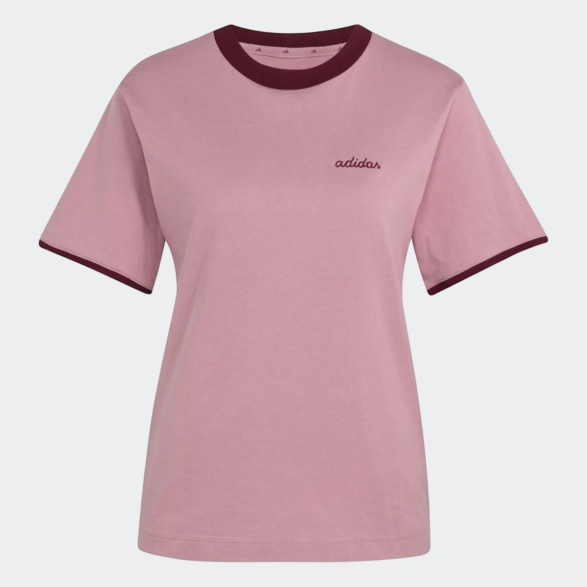 Pink Seasonal Essentials Colorpop T-Shirt with short sleeves and maroon ringer crew neck, featuring an embroidered Adidas