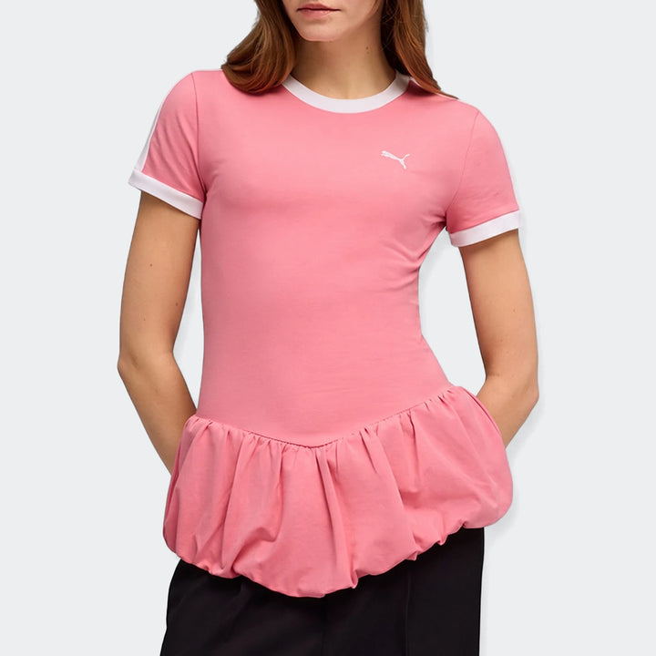 Pink Puma T7 Balloon Crew Neck Short Sleeve T-Shirt with white ringer details and a gathered peplum hem on a female model.