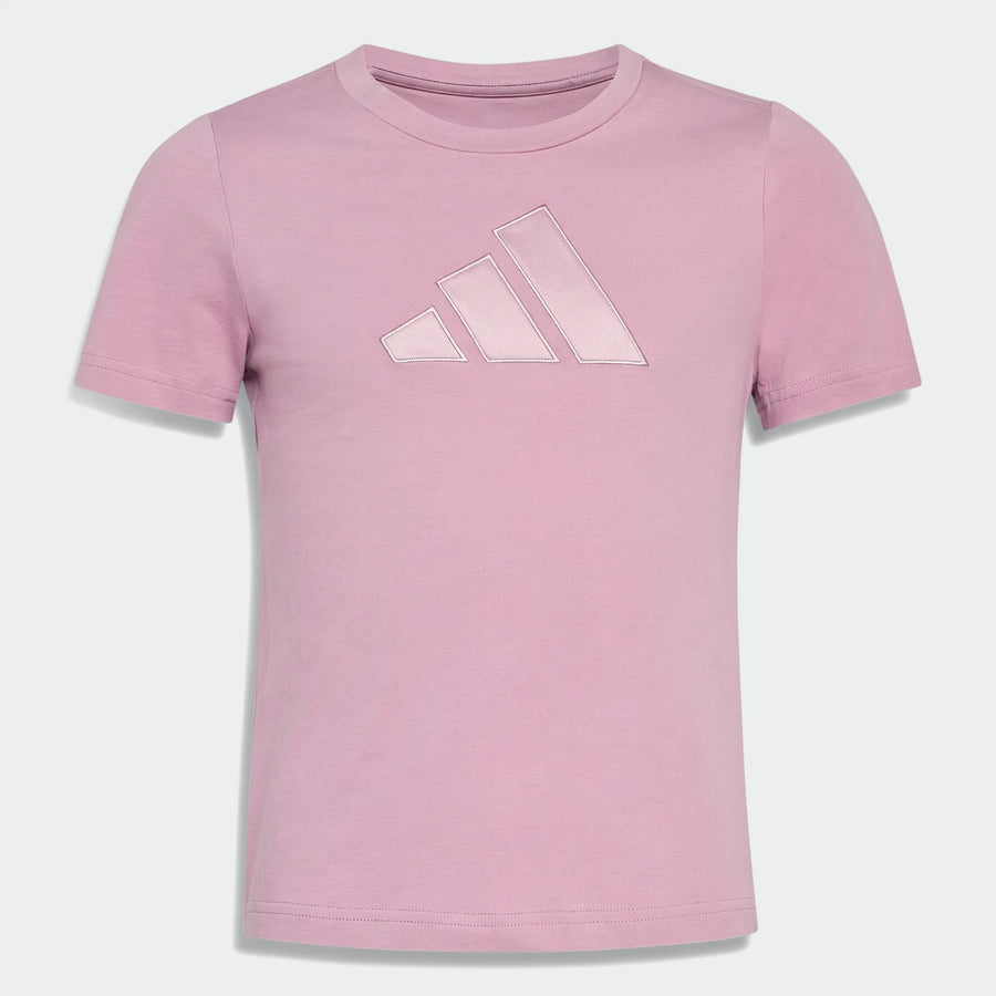 Pink short sleeve crew neck Adidas t-shirt with a subtle three-bar logo on the chest, laid flat.