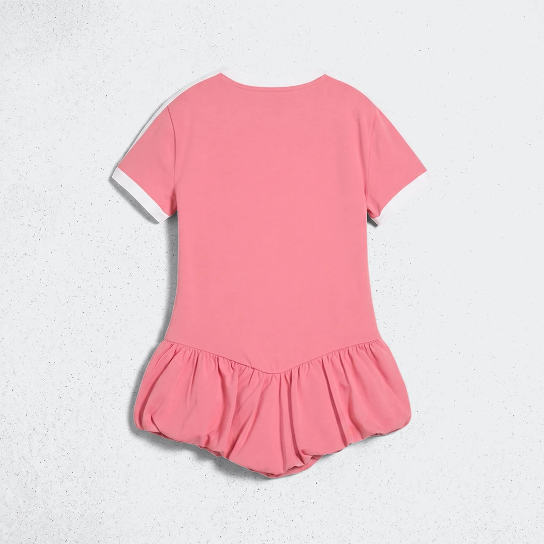 Pink short-sleeve baby romper with a crew neck and balloon hem, shown from the back on a white background.