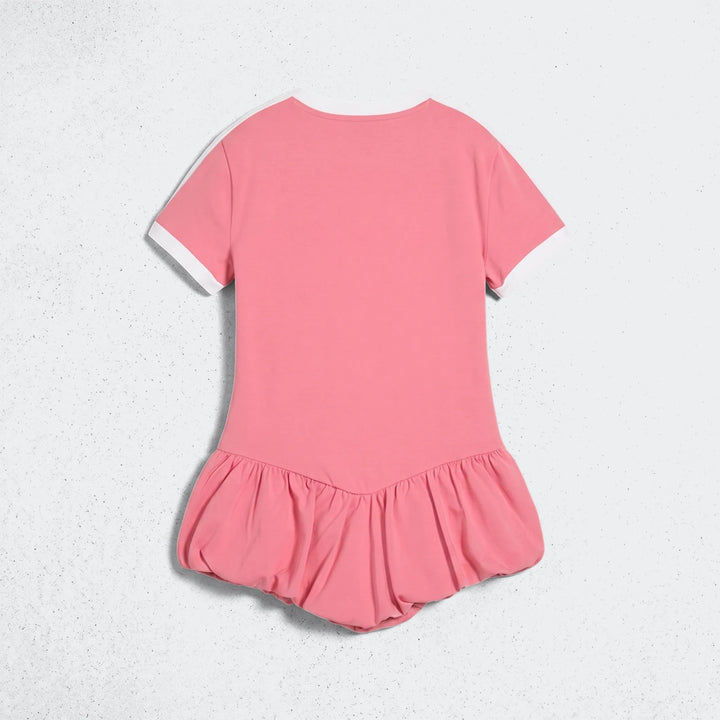 Pink short-sleeve baby romper with a crew neck and balloon hem, shown from the back on a white background.