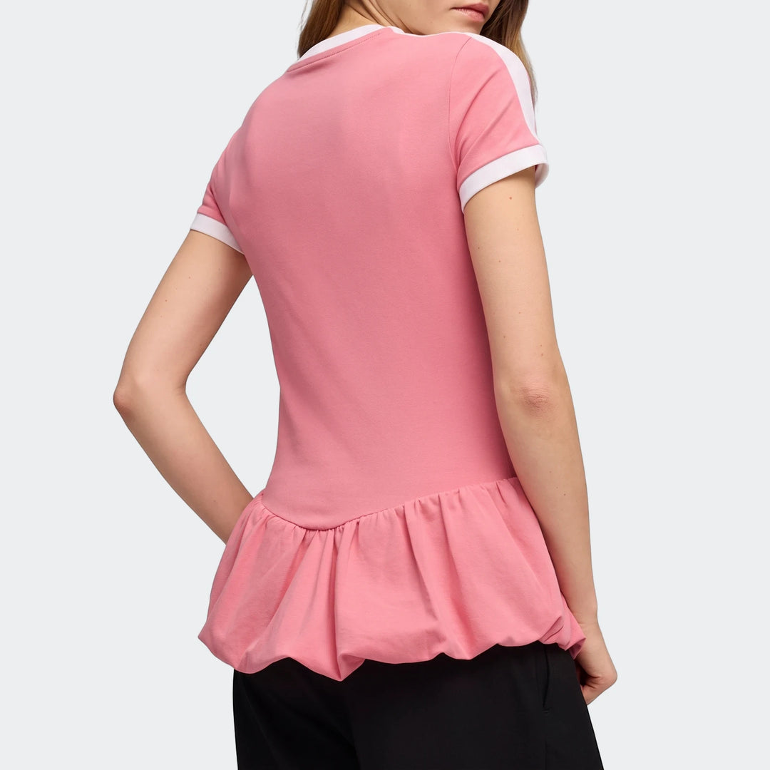 Pink T7 Balloon Crew Neck Short Sleeve T-shirt for women, with white stripes on the short sleeves and a ruffled balloon hem,