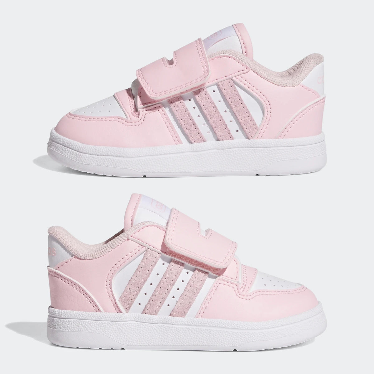 Two pink and white Adidas Break Start toddler shoes with white three-stripe design and hook-and-loop straps, viewed from the