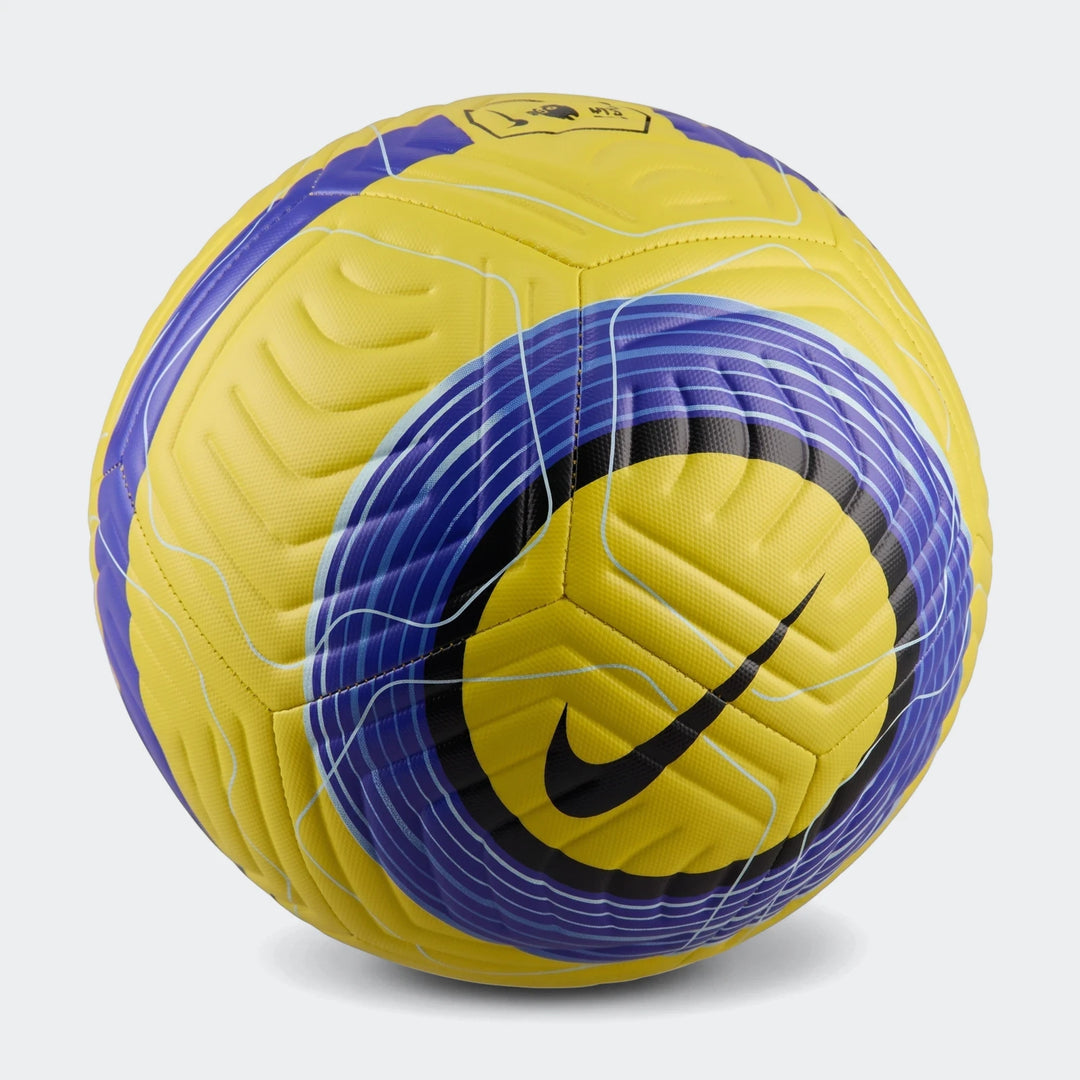 Yellow and blue Nike Academy soccer ball with black swoosh logo, showing textured panels and intricate design.