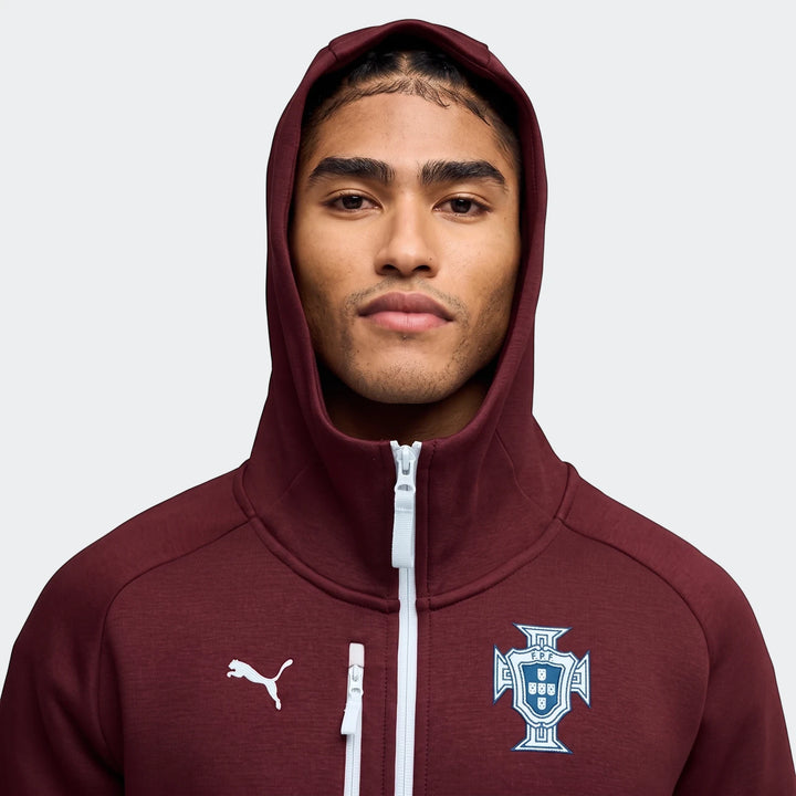 Portugal Pumatech Full-Zip Hoodie for men in burgundy, front view, featuring the national crest and Puma logo.