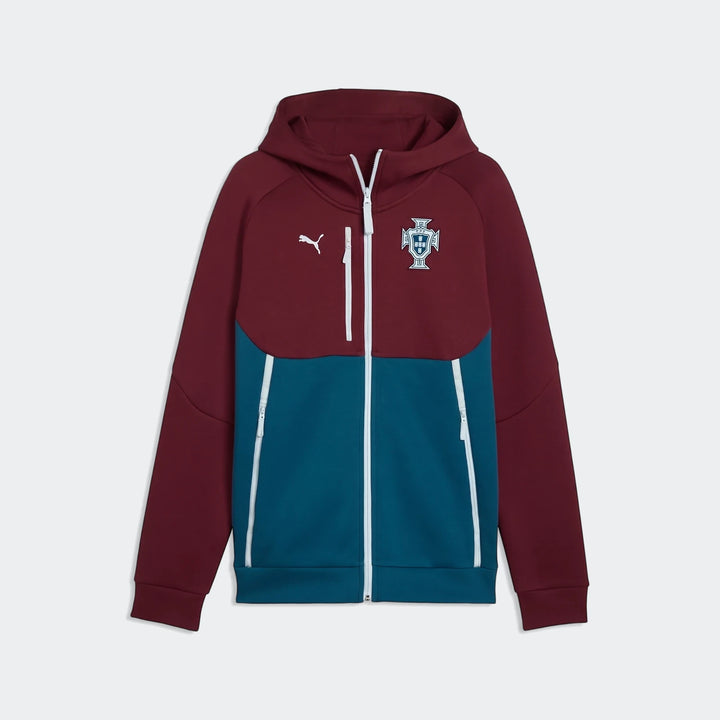 Men's Portugal Pumatech full-zip hoodie in maroon and teal, featuring a Puma logo, Portugal crest, hood, and zippered