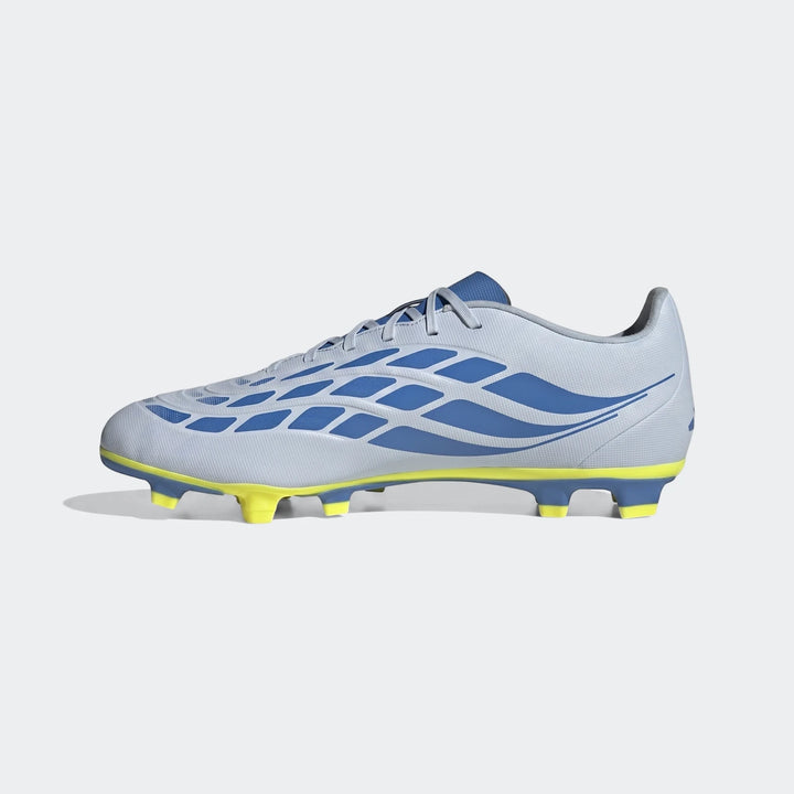 Predator Club Firm Ground Multi Ground Football Boots in light grey, blue, and yellow, shown from the side profile.