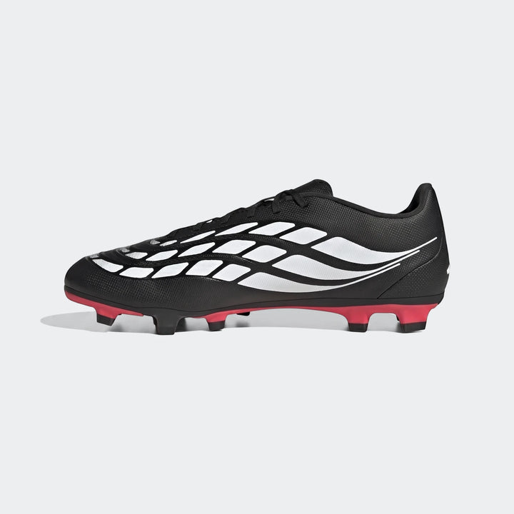 A black Predator Club Firm Ground / Multi Ground Football Boot with white stripes and a red sole, shown from the side view.