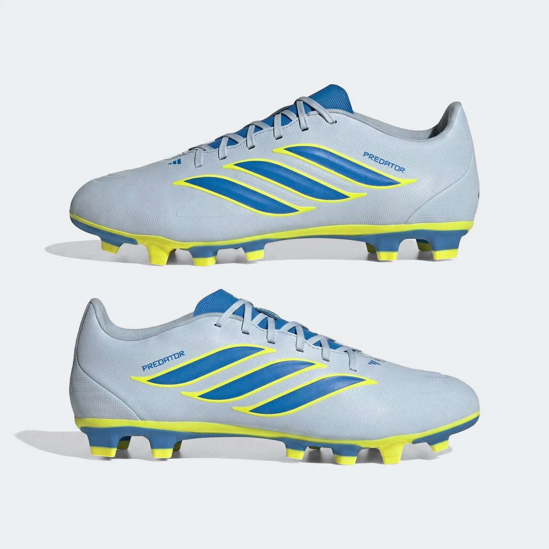 A pair of grey Predator Club Firm Ground / Multi Ground Football Boots with blue stripes and yellow accents, shown from a
