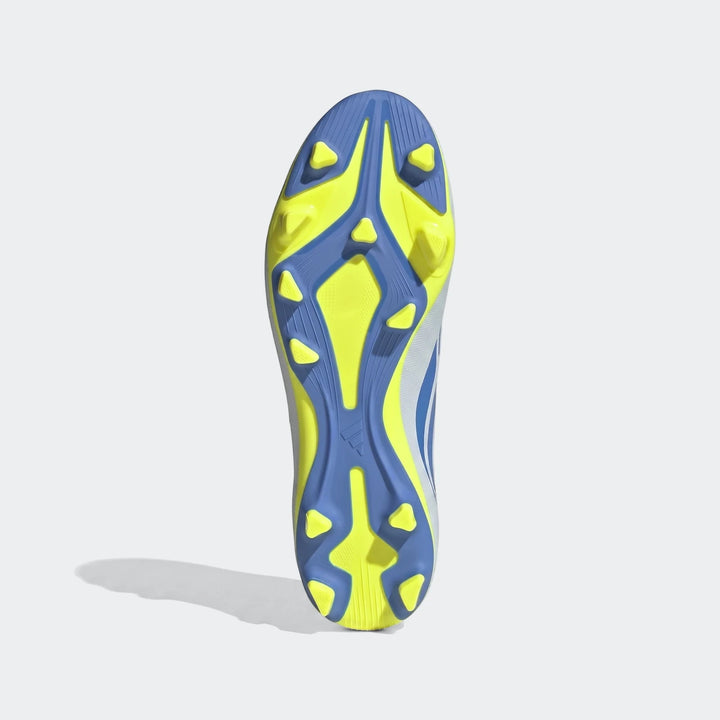 Sole view of Predator Club Firm Ground / Multi Ground Football Boots, featuring a white upper, blue sole pattern, and neon