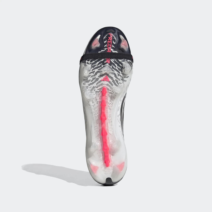Predator Elite Fold-Over Tongue Firm Ground Football Boots, sole view, black, white, and neon pink with clear sole detailing.