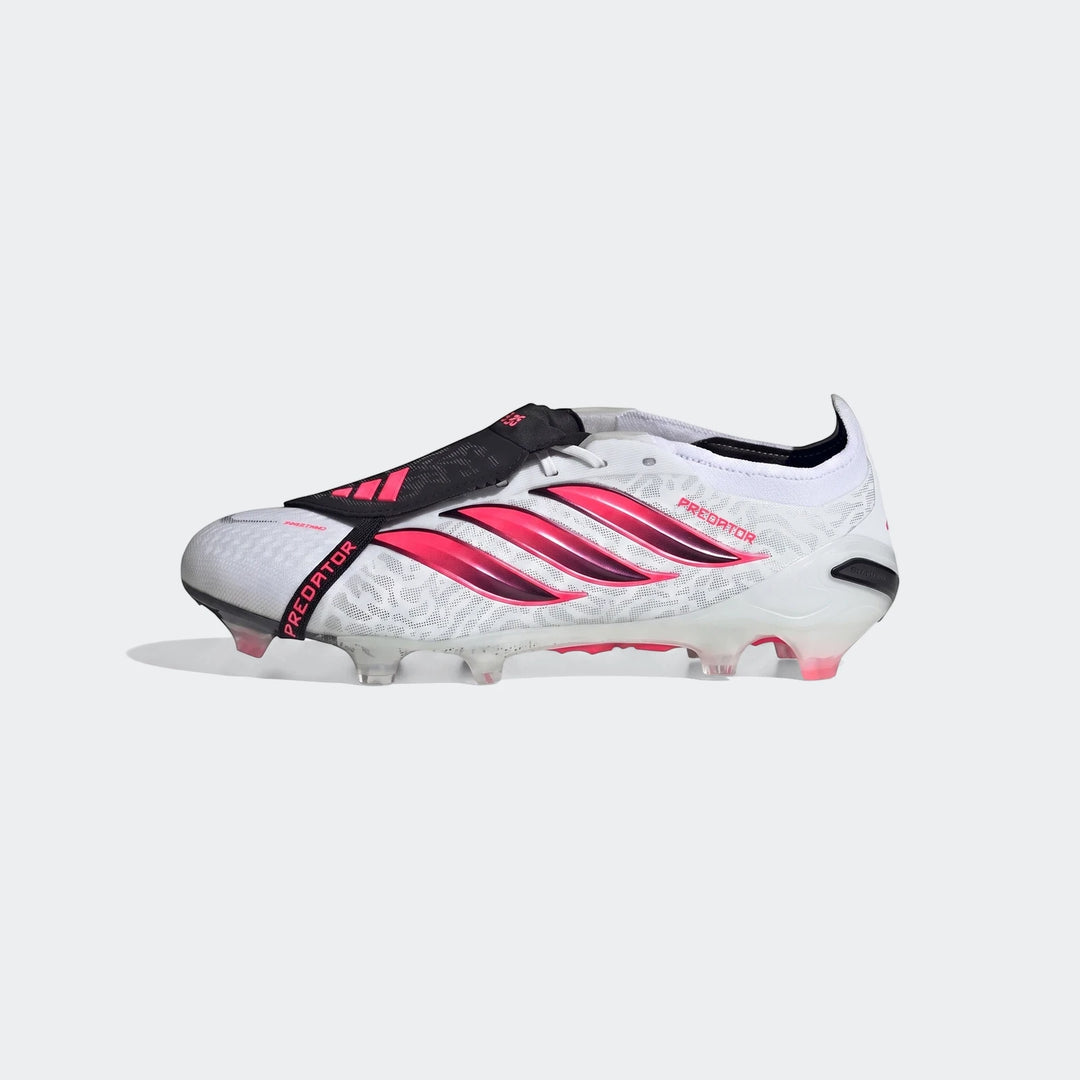 White and pink Adidas Predator Elite Fold-Over Tongue Firm Ground Football Boots, shown from a slightly elevated side view.