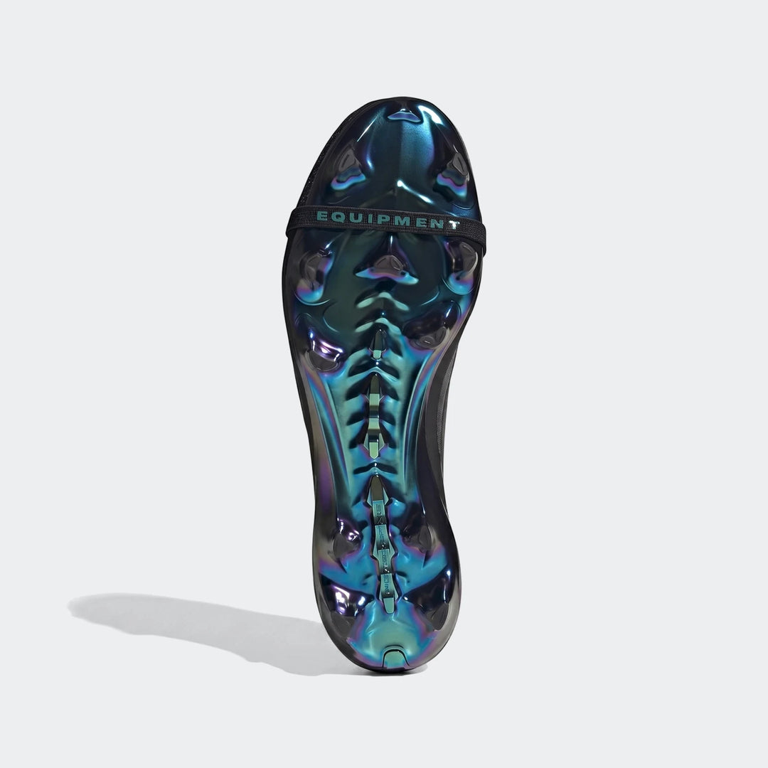 Predator Elite Ft Fg Eqt football boots, bottom view, showcasing the iridescent blue-green sole with studs and 'Equipment'