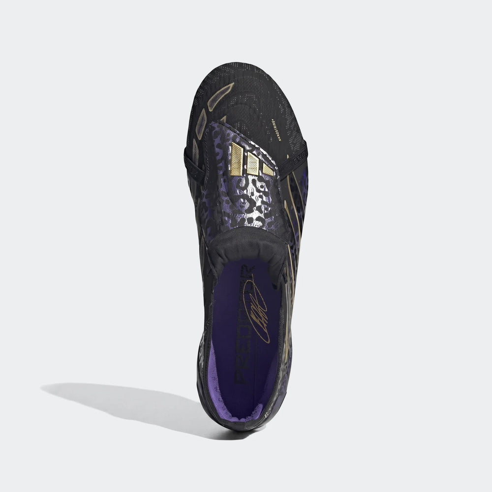 Black and purple Adidas Predator Elite Kaka Edition football boots with gold stripes, top-down view.