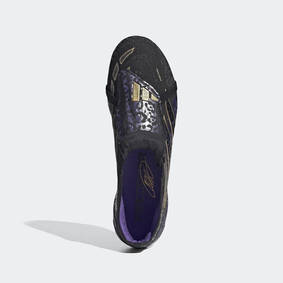 Black and purple Adidas Predator Elite Kaka Edition football boots with gold stripes, top-down view.