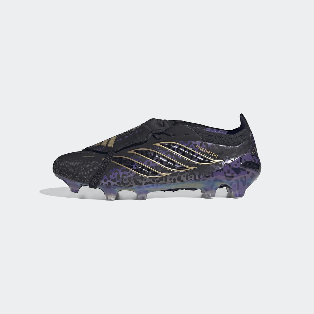 Predator Elite Ft Fg Kaka Edition football boots, black with purple leopard print and gold accents, side view.
