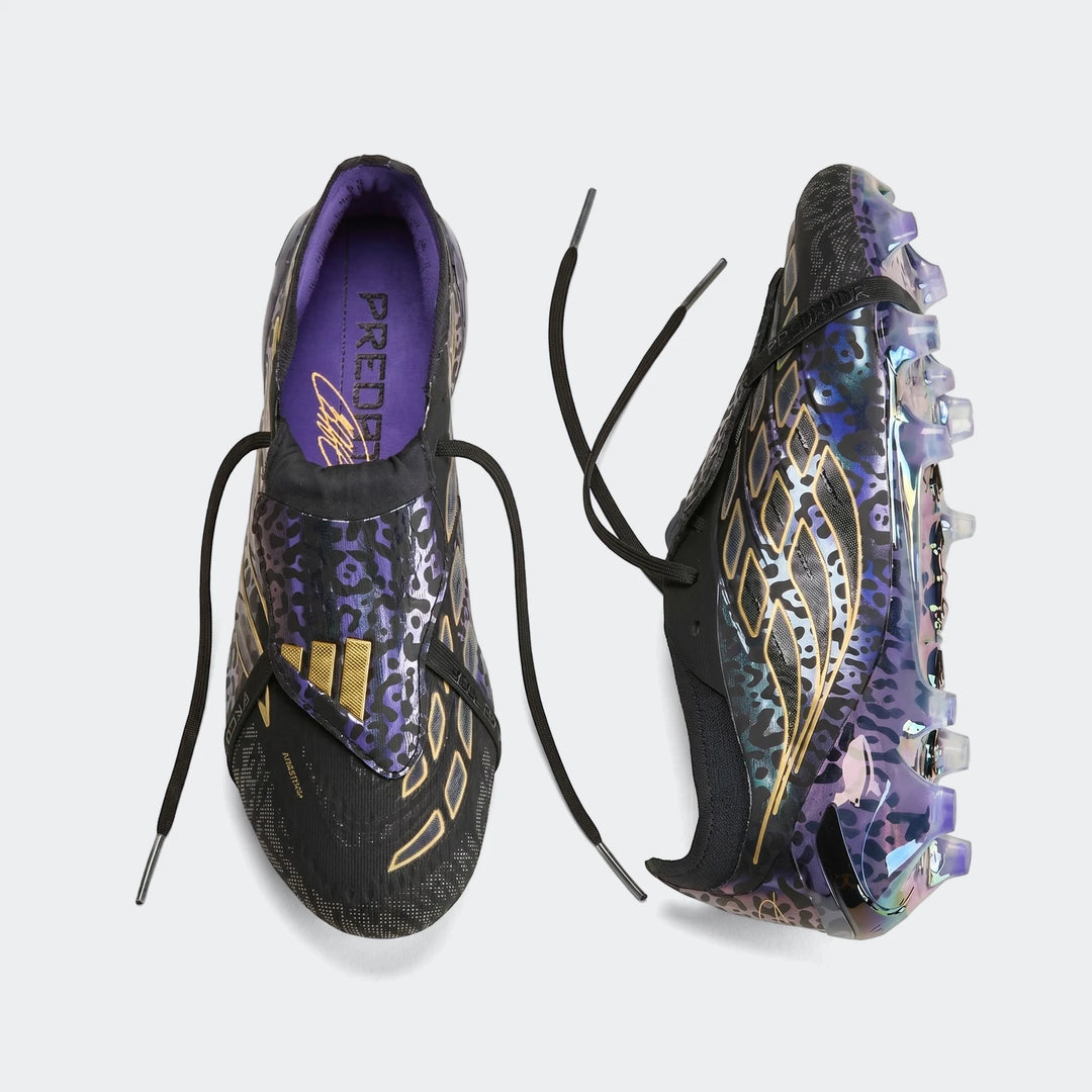 Two black and purple Adidas Predator Elite Ft Fg Kaka Edition football boots with gold leopard print details, laid flat.