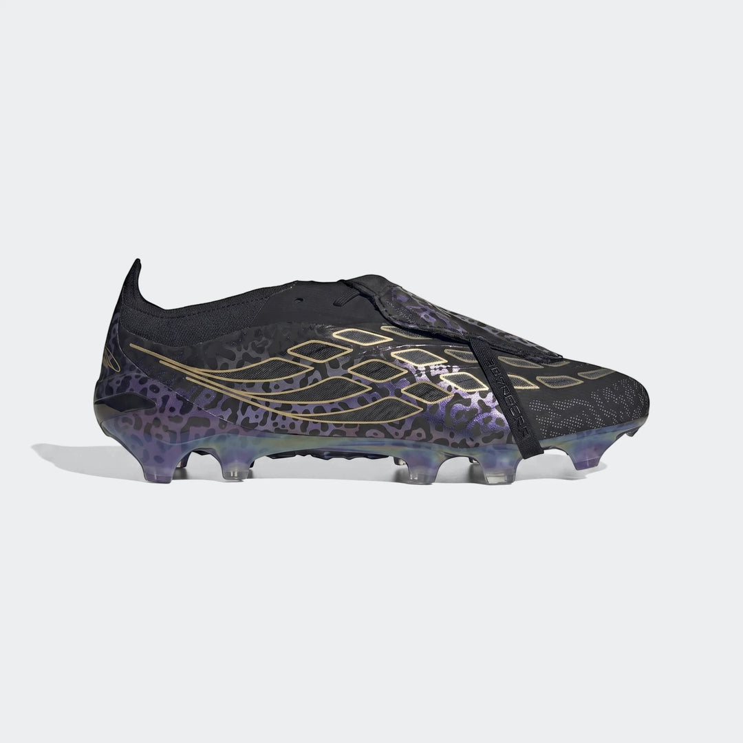 Predator Elite Ft Fg Kaka Edition Football Boots in black with purple and gold leopard print, shown from the side view.