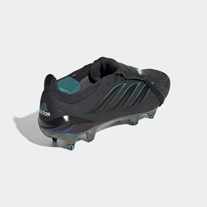 Black and teal Adidas Predator Elite Ft Sg Eqt Football Boot, side view, showcasing the iridescent sole plate and detailed
