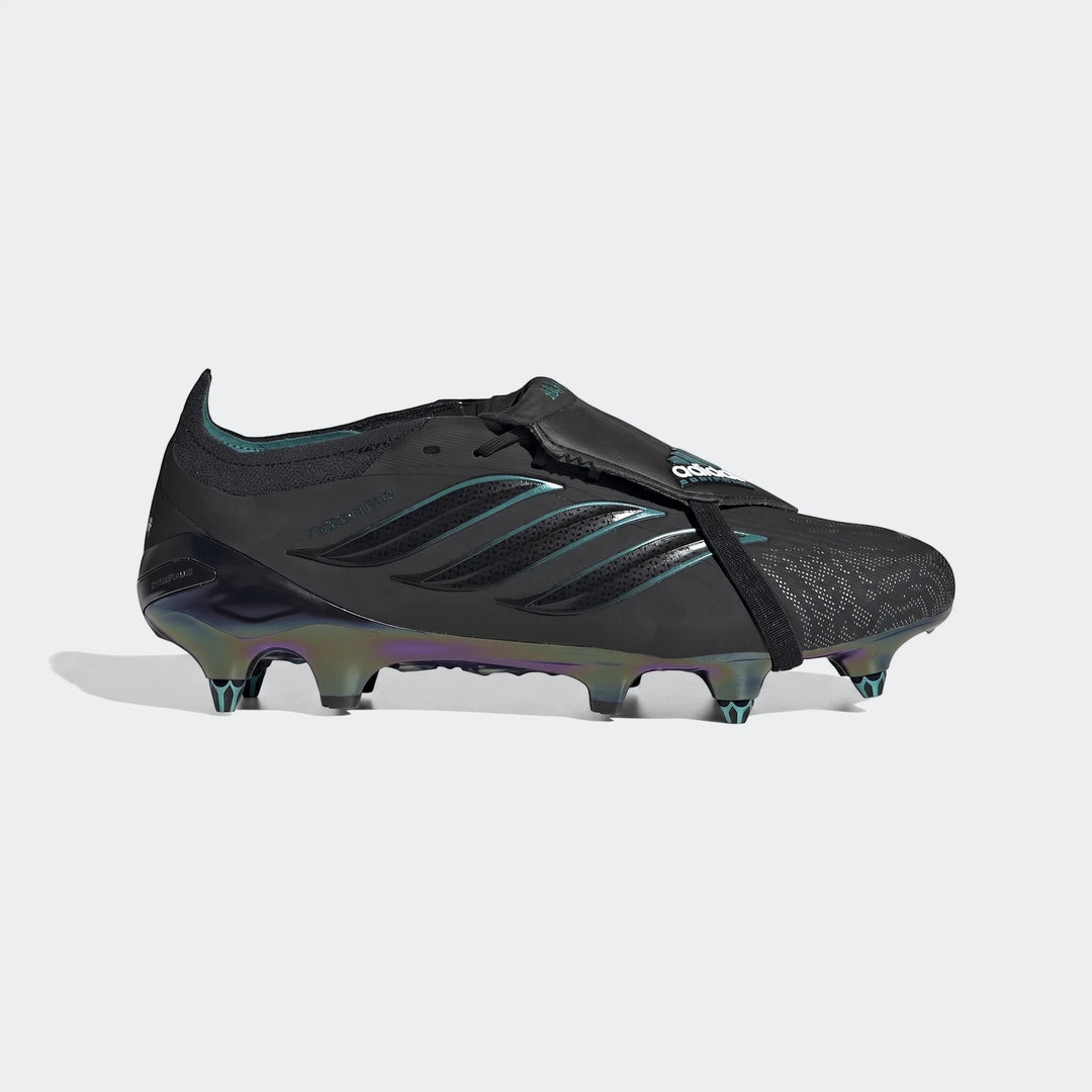 Black Predator Elite Ft SG EQT football boots for firm ground, featuring iridescent soles and teal accents, shown in a side
