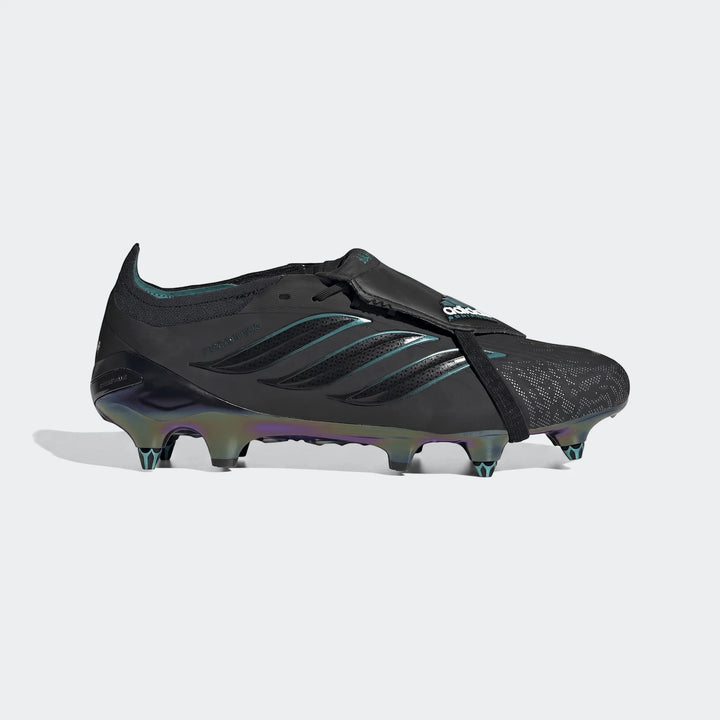 Black Predator Elite Ft SG EQT football boots for firm ground, featuring iridescent soles and teal accents, shown in a side