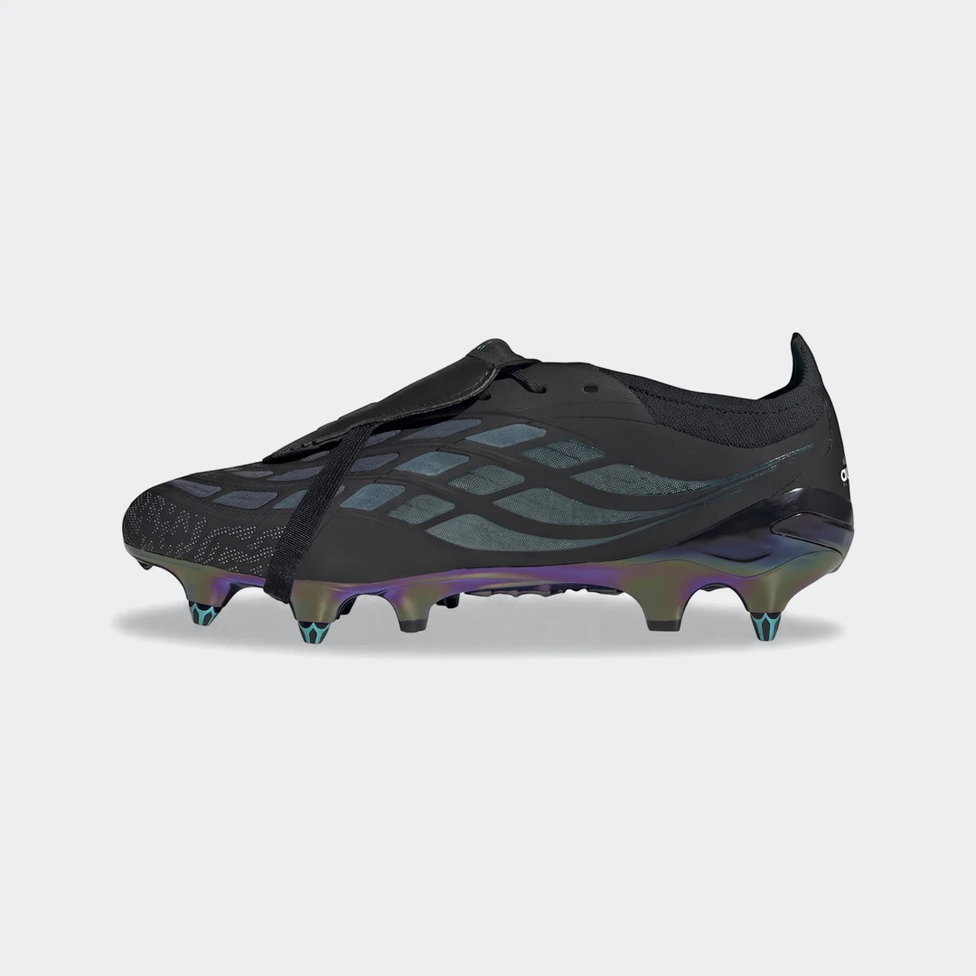 Predator Elite Ft Sg Eqt Football Boots in black, featuring an iridescent sole and studs, captured in a side profile view.