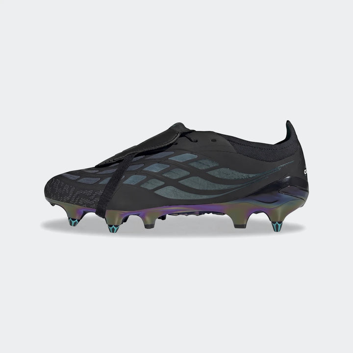 Predator Elite Ft Sg Eqt Football Boots in black, featuring an iridescent sole and studs, captured in a side profile view.
