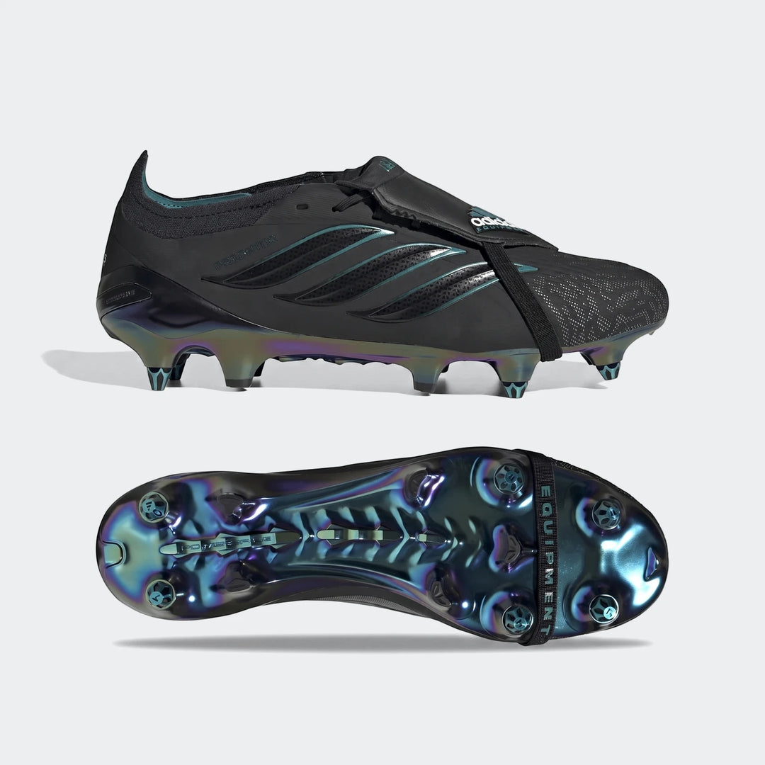 Predator Elite Ft Sg Eqt Football Boots in black with an iridescent sole, shown from the side and bottom views.