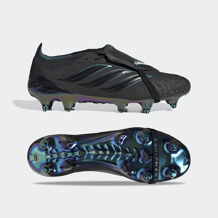Predator Elite Ft Sg Eqt Football Boots in black with an iridescent sole, shown from the side and bottom views.