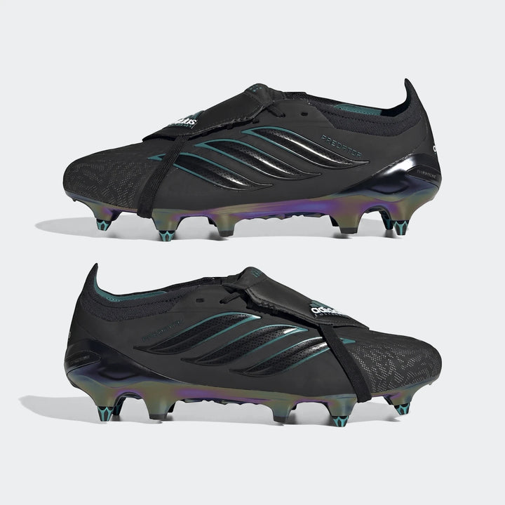 A pair of black Predator Elite Ft Sg Eqt Football Boots with iridescent soles and teal accents, displayed against a neutral
