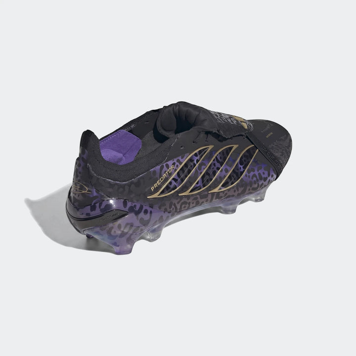 Predator Elite Ft Fg Kaka Edition Football Boots in black with purple leopard print and gold accents, cleated.