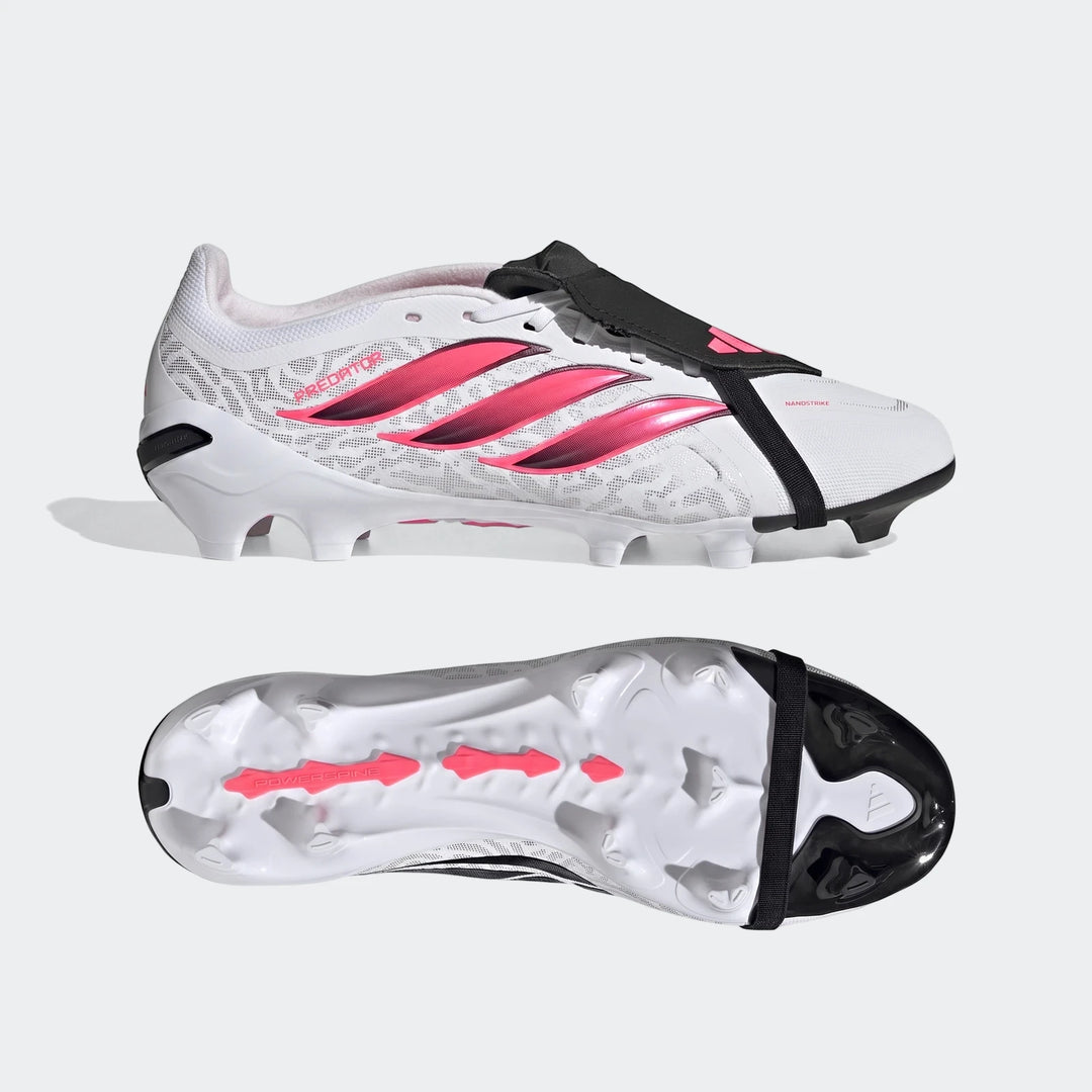 White and pink Adidas Predator League firm ground football boots with a fold-over tongue, presented from side and sole views.