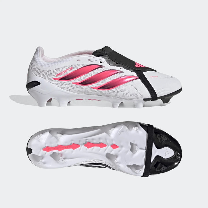 White and pink Adidas Predator League firm ground football boots with a fold-over tongue, presented from side and sole views.